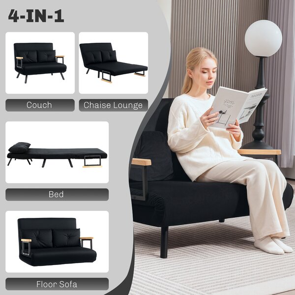 HOMCOM Convertible Double Sofa Bed, 180° Recline, Velvet Touch Fabric & Wooden Armrests, with 20CM Cushions & 2 Pillows, Black Aosom UK