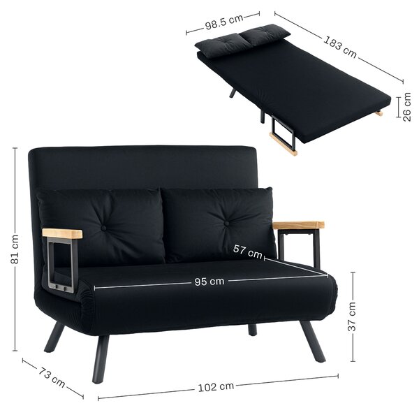 HOMCOM Convertible Double Sofa Bed, 180° Recline, Velvet Touch Fabric & Wooden Armrests, with 20CM Cushions & 2 Pillows, Black Aosom UK
