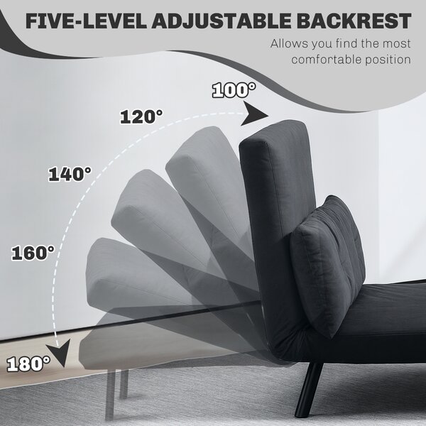 HOMCOM Convertible Double Sofa Bed, 180° Recline, Velvet Touch Fabric & Wooden Armrests, with 20CM Cushions & 2 Pillows, Black Aosom UK