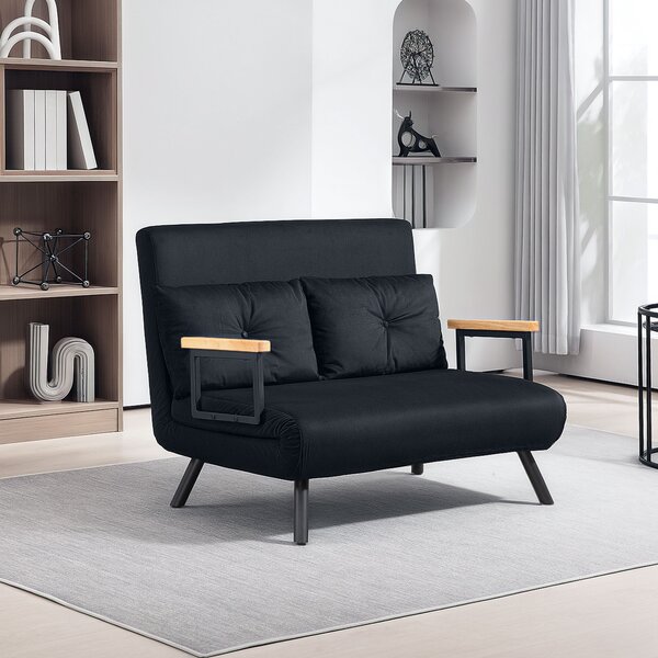 HOMCOM Convertible Double Sofa Bed, 180° Recline, Velvet Touch Fabric & Wooden Armrests, with 20CM Cushions & 2 Pillows, Black Aosom UK