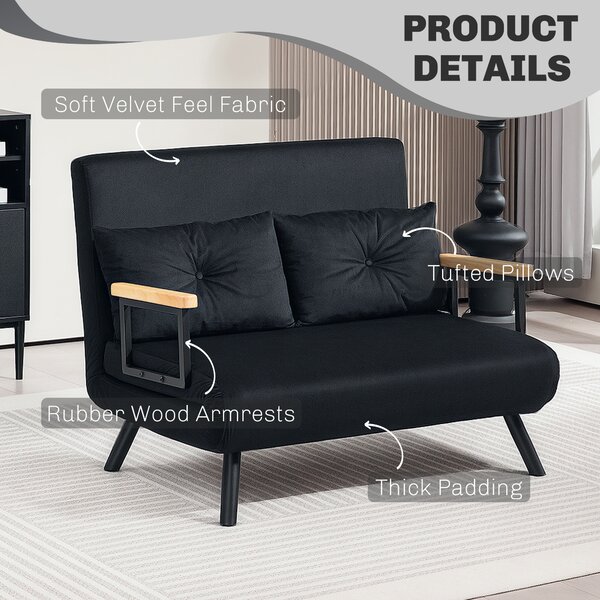 HOMCOM Convertible Double Sofa Bed, 180° Recline, Velvet Touch Fabric & Wooden Armrests, with 20CM Cushions & 2 Pillows, Black Aosom UK