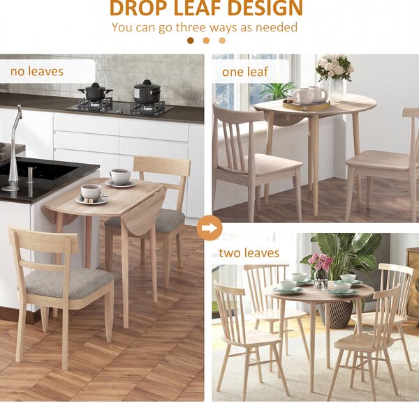 HOMCOM Round Wood Dining Table for 4-person, Folding Kitchen Table with Wood Legs for Dining Room, Drop Leaf Dining Table, Natural Aosom UK