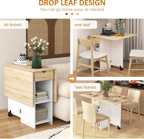 HOMCOM Folding Dining Table, Drop Leaf Table for Small Spaces, Foldable Table with Drawer and Storage Shelves for Kitchen, Dining Room, Oak