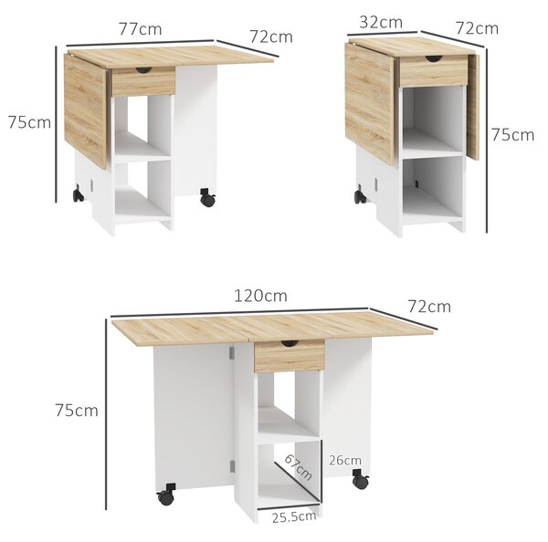 HOMCOM Folding Dining Table, Drop Leaf Table for Small Spaces, Foldable Table with Drawer and Storage Shelves for Kitchen, Dining Room, Oak