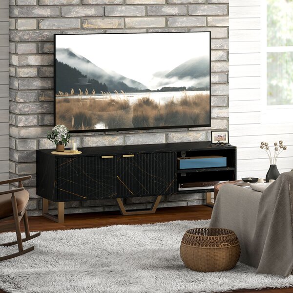 HOMCOM Marble Effect TV Unit, TV Stand Cabinet for up to 70" TVs, Modern TV Cabinet with Shelves and Storage Cupboard, Fluted Door, Extra Centre Leg, Cable Management for Living Room, Black