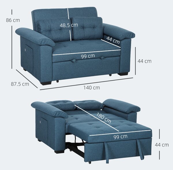 HOMCOM Pull Out Sofa Bed, Fabric 2 Seater Click Clack Sofa Bed Settee, Convertible Sofa Couch with 2 Pillows and Side Pockets for Living Room, Scratch Resistant, Blue