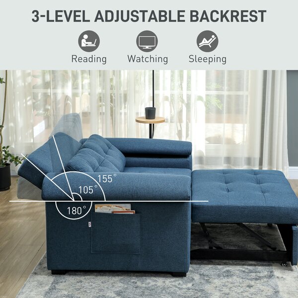 HOMCOM Pull Out Sofa Bed, Fabric 2 Seater Click Clack Sofa Bed Settee, Convertible Sofa Couch with 2 Pillows and Side Pockets for Living Room, Scratch Resistant, Blue