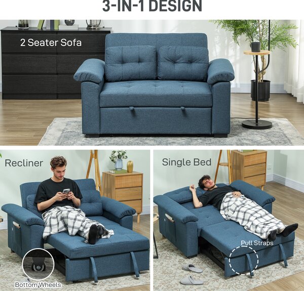 HOMCOM Pull Out Sofa Bed, Fabric 2 Seater Click Clack Sofa Bed Settee, Convertible Sofa Couch with 2 Pillows and Side Pockets for Living Room, Scratch Resistant, Blue