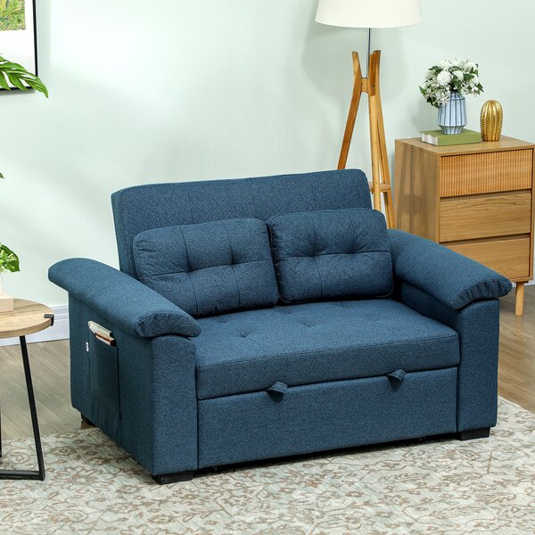 HOMCOM Pull Out Sofa Bed, Fabric 2 Seater Click Clack Sofa Bed Settee, Convertible Sofa Couch with 2 Pillows and Side Pockets for Living Room, Scratch Resistant, Blue