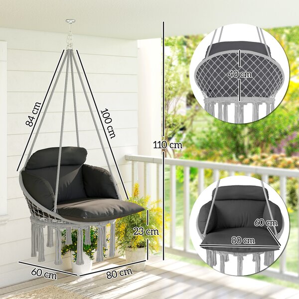Outsunny Hanging Chair Outdoor Hammock Chair with Soft Cushion, Cotton Rope Boho Style Swing Chair, Hanging Garden Swing Seat for Indoor Outdoor, Dark Grey