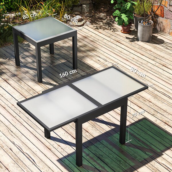 Outsunny Extendable Outdoor Garden Dining Table, Space-Saving Aluminium Frame with Clear Tempered Glass Top, 80/160 x 80 x 75 cm, Black Aosom UK