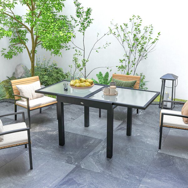 Outsunny Extendable Outdoor Garden Dining Table, Space-Saving Aluminium Frame with Clear Tempered Glass Top, 80/160 x 80 x 75 cm, Black Aosom UK