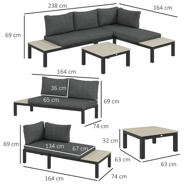 Outsunny 3 Pieces Garden Furniture Sets, Aluminium Outdoor Corner Sofa Set with 2 Loveseat and Coffee Table with Cushions for Garden, Dark Grey