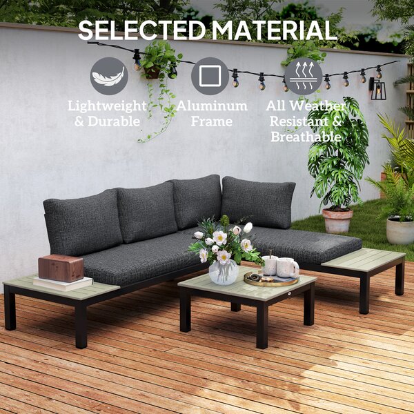 Outsunny 3 Pieces Garden Furniture Sets, Aluminium Outdoor Corner Sofa Set with 2 Loveseat and Coffee Table with Cushions for Garden, Dark Grey