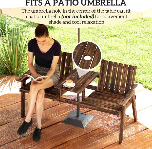 Outsunny 2-Seater Garden Bench with Table & Parasol Hole, Antique Loveseat for Porch, Patio, Carbonised Finish