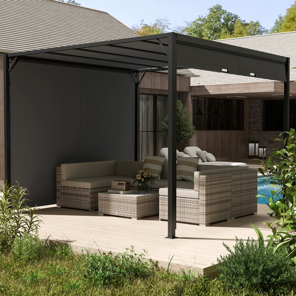 Outsunny 3x3m Sliding Roof Pergola, Outdoor Garden Gazebo Shelter with Adjustable Sun Shade Canopy & Durable Steel Frame, Charcoal Grey Aosom UK