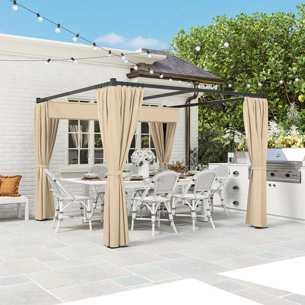 Outsunny 3 x 3(m) Retractable Pergola, Garden Gazebo Shelter with Curtains, for Grill, Patio, Deck, Khaki