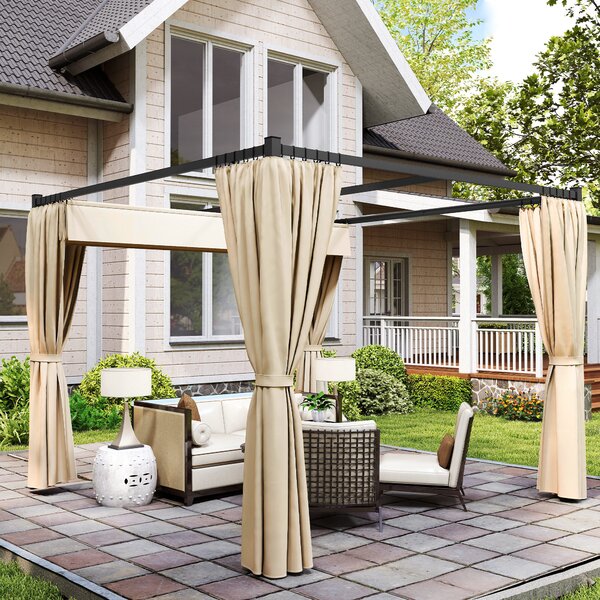 Outsunny 3 x 3(m) Retractable Pergola, Garden Gazebo Shelter with Curtains, for Grill, Patio, Deck, Khaki