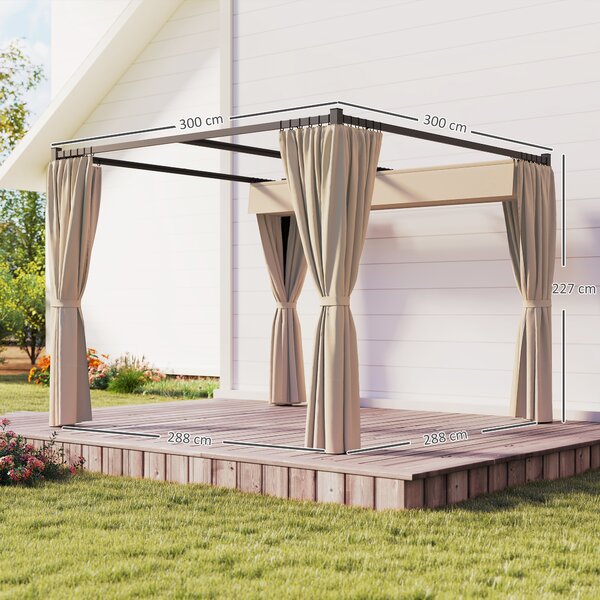 Outsunny 3 x 3(m) Retractable Pergola, Garden Gazebo Shelter with Curtains, for Grill, Patio, Deck, Khaki