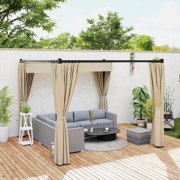 Outsunny 3 x 3(m) Retractable Pergola, Garden Gazebo Shelter with Curtains, for Grill, Patio, Deck, Khaki