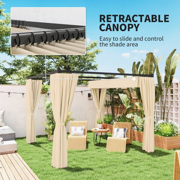 Outsunny 3 x 3(m) Retractable Pergola, Garden Gazebo Shelter with Curtains, for Grill, Patio, Deck, Khaki