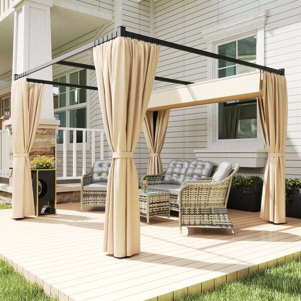 Outsunny 3 x 3(m) Retractable Pergola, Garden Gazebo Shelter with Curtains, for Grill, Patio, Deck, Khaki