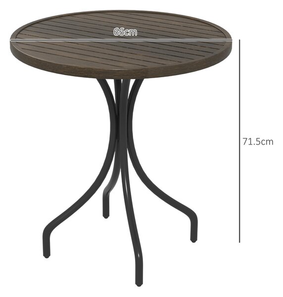 Outsunny Φ66cm Garden Side Table, Round Bistro Coffee Table, Outdoor Patio Table with Steel Frame and Slat Tabletop for Balcony and Porch, Brown Wood Grain