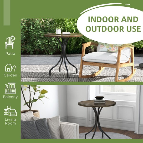 Outsunny Φ66cm Garden Side Table, Round Bistro Coffee Table, Outdoor Patio Table with Steel Frame and Slat Tabletop for Balcony and Porch, Brown Wood Grain