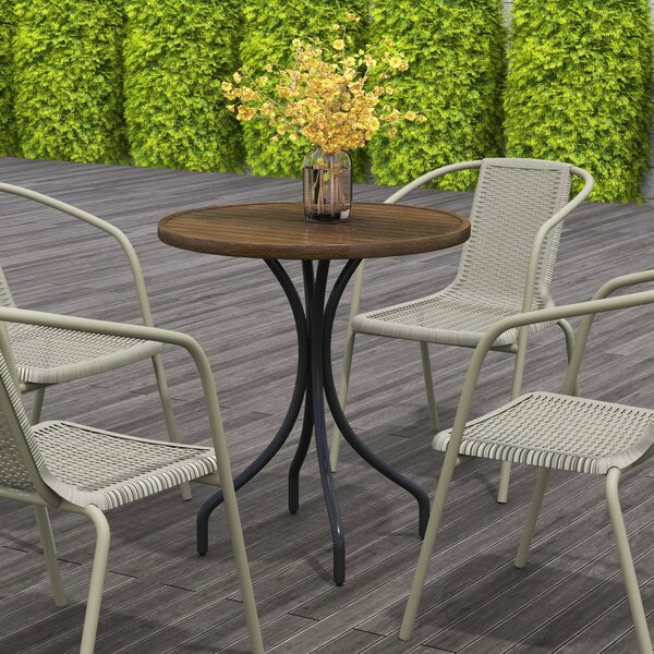 Outsunny Φ66cm Garden Side Table, Round Bistro Coffee Table, Outdoor Patio Table with Steel Frame and Slat Tabletop for Balcony and Porch, Brown Wood Grain