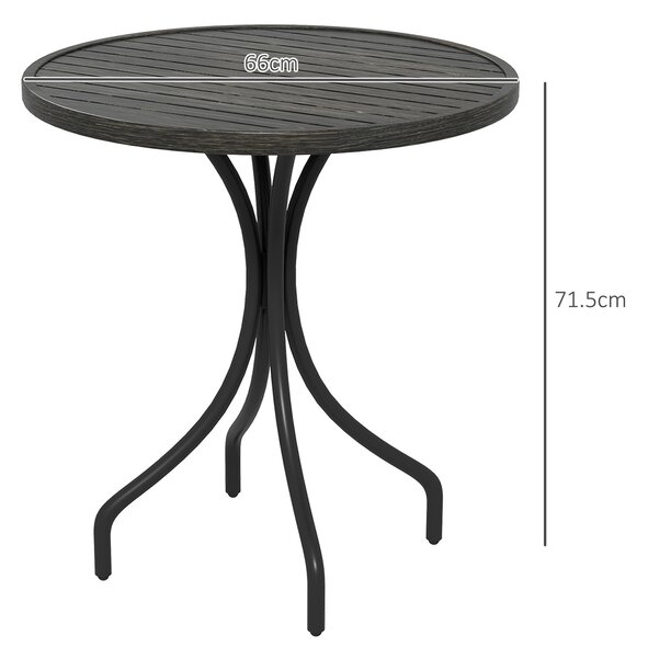 Outsunny Φ66cm Garden Side Table, Round Bistro Coffee Table, Outdoor Patio Table with Steel Frame and Slat Tabletop for Balcony and Porch, Grey Wood Grain