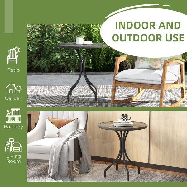 Outsunny Φ66cm Garden Side Table, Round Bistro Coffee Table, Outdoor Patio Table with Steel Frame and Slat Tabletop for Balcony and Porch, Grey Wood Grain