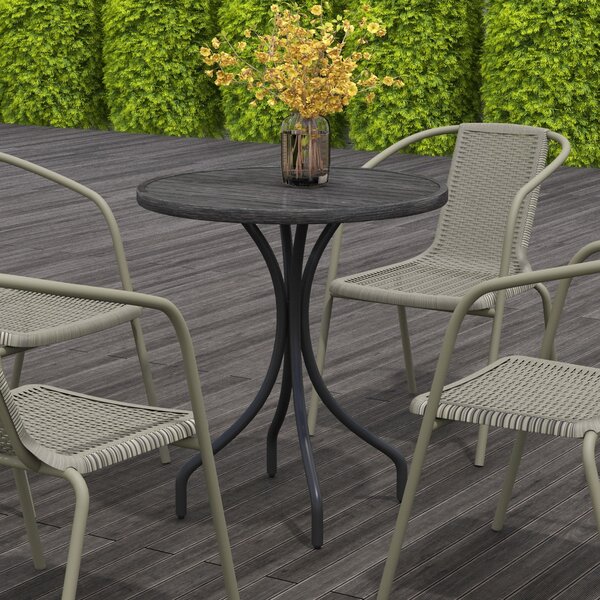 Outsunny Φ66cm Garden Side Table, Round Bistro Coffee Table, Outdoor Patio Table with Steel Frame and Slat Tabletop for Balcony and Porch, Grey Wood Grain