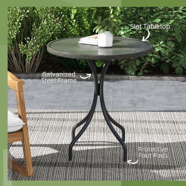 Outsunny Φ66cm Garden Side Table, Round Bistro Coffee Table, Outdoor Patio Table with Steel Frame and Slat Tabletop for Balcony and Porch, Grey Wood Grain