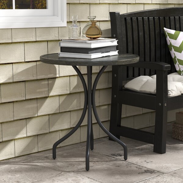 Outsunny Φ66cm Garden Side Table, Round Bistro Coffee Table, Outdoor Patio Table with Steel Frame and Slat Tabletop for Balcony and Porch, Grey Wood Grain