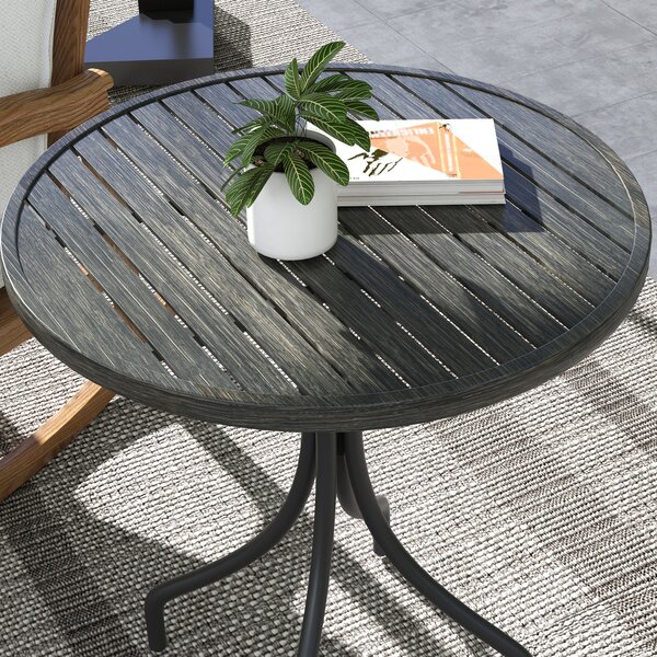 Outsunny Φ66cm Garden Side Table, Round Bistro Coffee Table, Outdoor Patio Table with Steel Frame and Slat Tabletop for Balcony and Porch, Grey Wood Grain