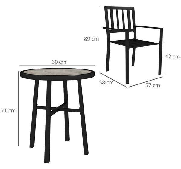 Outsunny 3 Piece Patio Bistro Set with Plastic Top, 2 Stackable Chairs, Galvanised Steel Frame, Grey