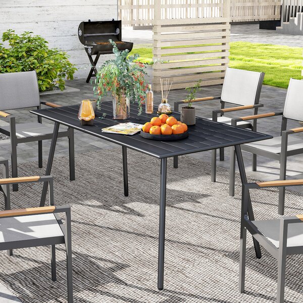 Outsunny Rectangle Garden Table with Slat Top, Steel Frame, Outdoor Table for 6 Person, 150 x 80 x 74 cm, Black