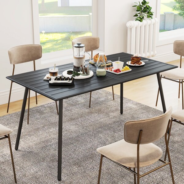 Outsunny Rectangle Garden Table with Slat Top, Steel Frame, Outdoor Table for 6 Person, 150 x 80 x 74 cm, Black