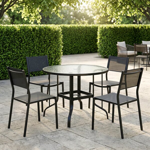 Outsunny Tempered Glass Top Round Outdoor Dining Table with Parasol Hole, 96.5 x 96.5 x 71 cm