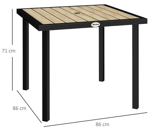 Outsunny Square Garden Dining Table with 5.4cm Parasol Hole, Slatted Top, Metal Frame, 86 x 86 x 71cm, Brown
