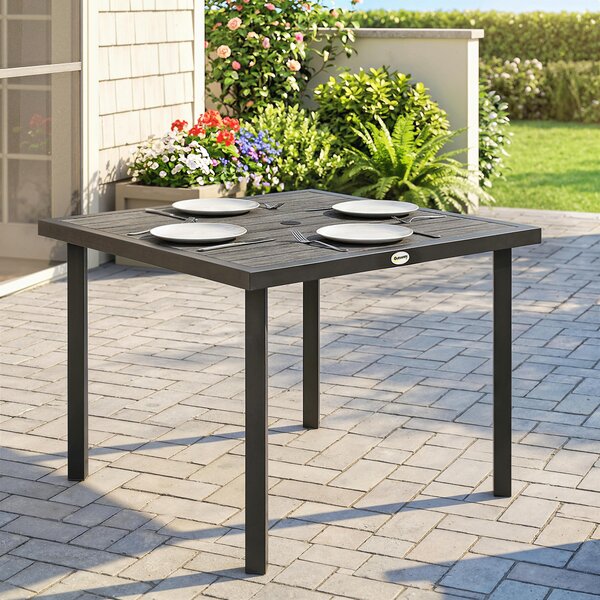 Outsunny Square Garden Dining Table with 5.4cm Parasol Hole, Slatted Top, Metal Frame, 86 x 86 x 71 cm, Light Grey