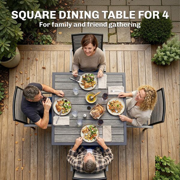 Outsunny Square Garden Dining Table with 5.4cm Parasol Hole, Slatted Top, Metal Frame, 86 x 86 x 71 cm, Light Grey