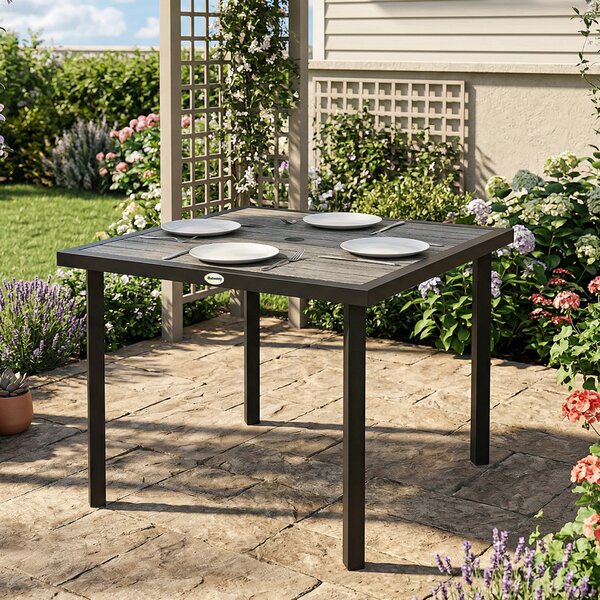 Outsunny Square Garden Dining Table with 5.4cm Parasol Hole, Slatted Top, Metal Frame, 86 x 86 x 71 cm, Light Grey