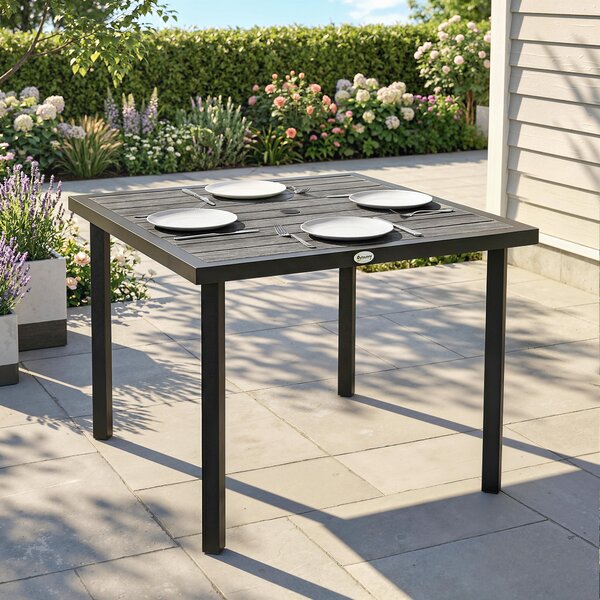 Outsunny Square Garden Dining Table with 5.4cm Parasol Hole, Slatted Top, Metal Frame, 86 x 86 x 71 cm, Light Grey
