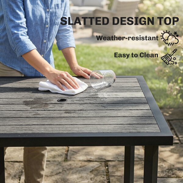 Outsunny Square Garden Dining Table with 5.4cm Parasol Hole, Slatted Top, Metal Frame, 86 x 86 x 71 cm, Light Grey