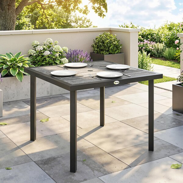Outsunny Square Garden Dining Table with 5.4cm Parasol Hole, Slatted Top, Metal Frame, 86 x 86 x 71 cm, Light Grey