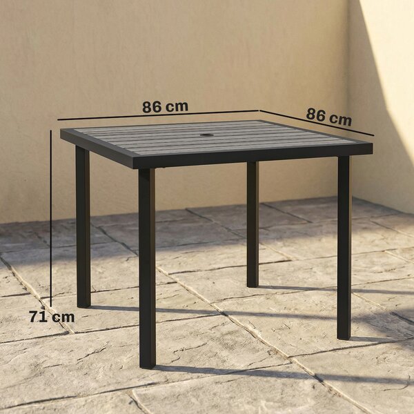Outsunny Square Garden Dining Table with 5.4cm Parasol Hole, Slatted Top, Metal Frame, 86 x 86 x 71 cm, Light Grey
