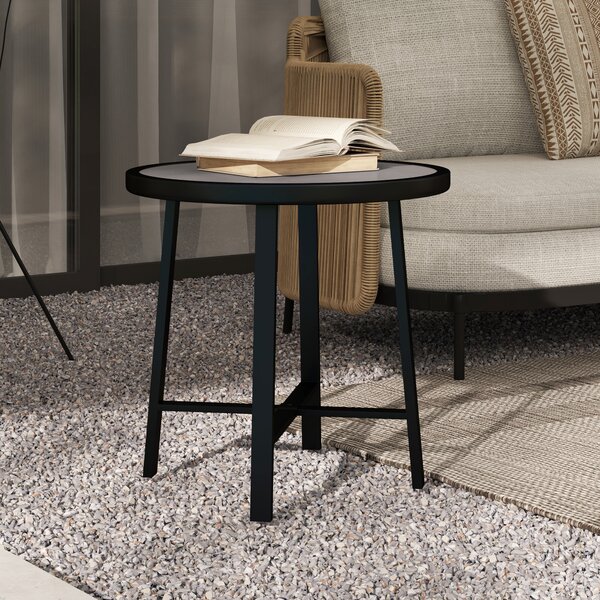 Outsunny Round Small Garden Table, 50.5cm Outdoor Side Table with SPC Tabletop, Metal Frame and Anti-slip Foot Pads for Garden, Balcony, Grey Wood Effect
