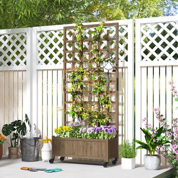 Outsunny Wooden Trellis Planter, Raised Garden Bed with Wheels and Bed Liner, to Climb and Grow Vegetables, Herbs and Flowers