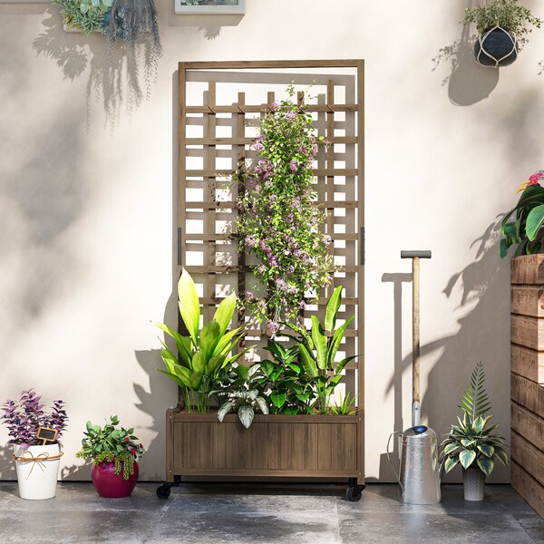Outsunny Wooden Trellis Planter, Raised Garden Bed with Wheels and Bed Liner, to Climb and Grow Vegetables, Herbs and Flowers